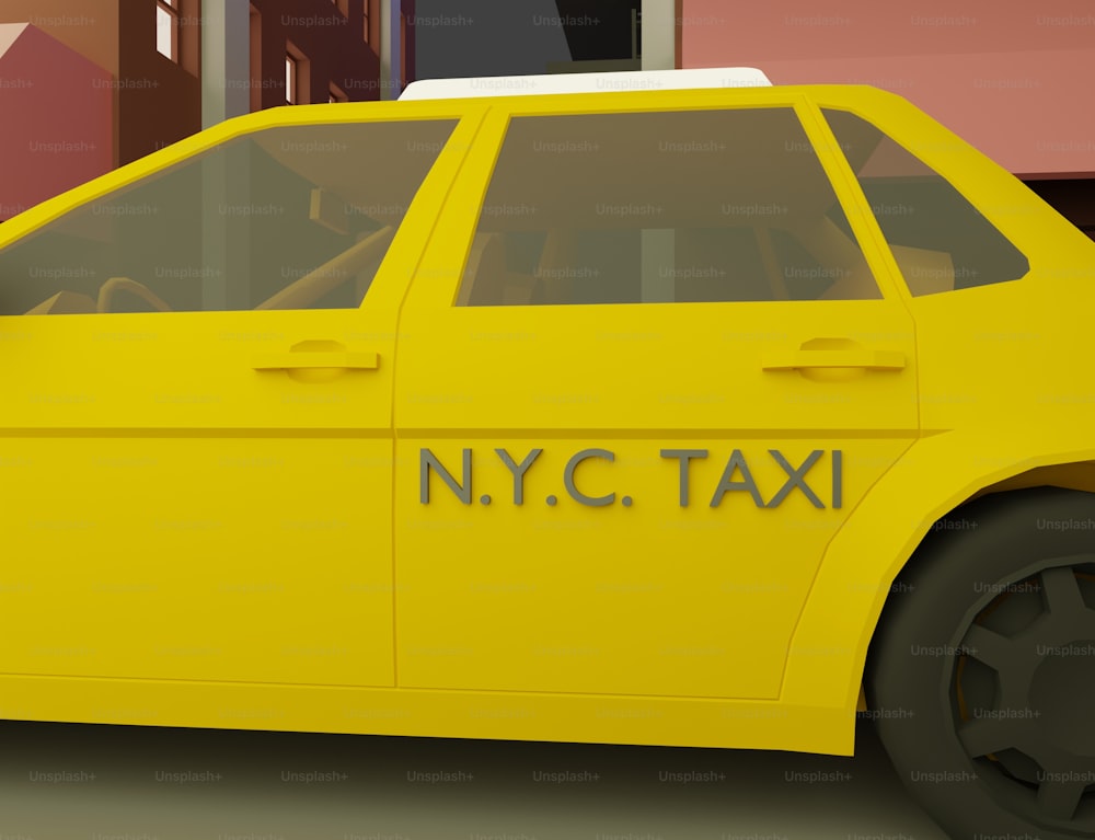 a yellow taxi cab parked in front of a building