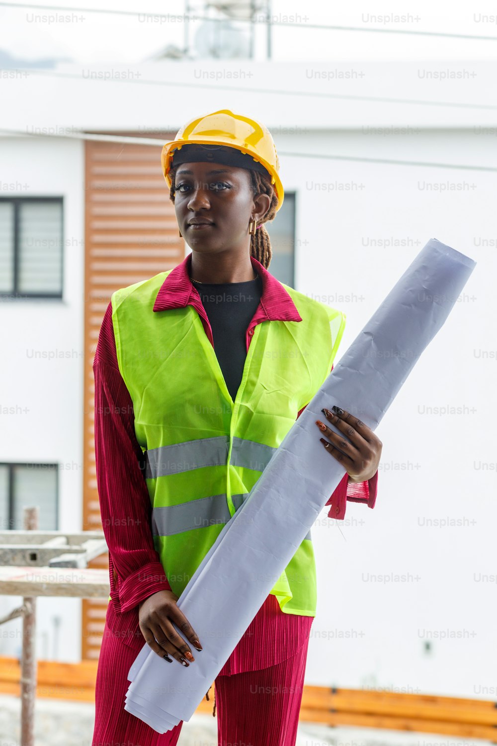 a woman in a safety vest holding a large piece of paper
