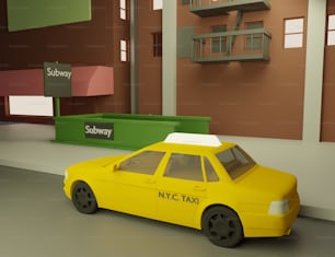 a yellow taxi cab parked in front of a building