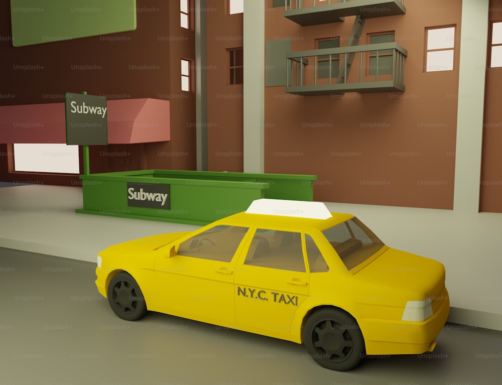 a yellow taxi cab parked in front of a building
