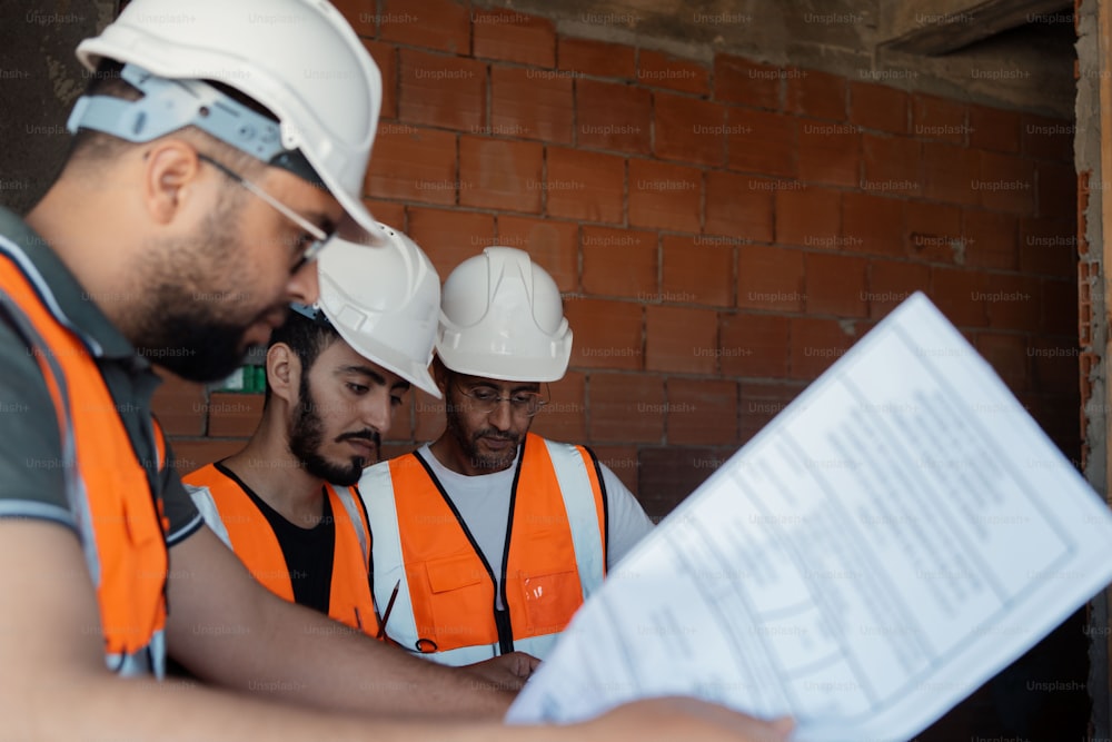 a group of men in hard hats and vests looking at a piece of paper