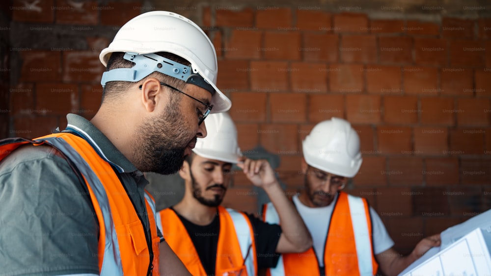 a group of men wearing hard hats and safety vests