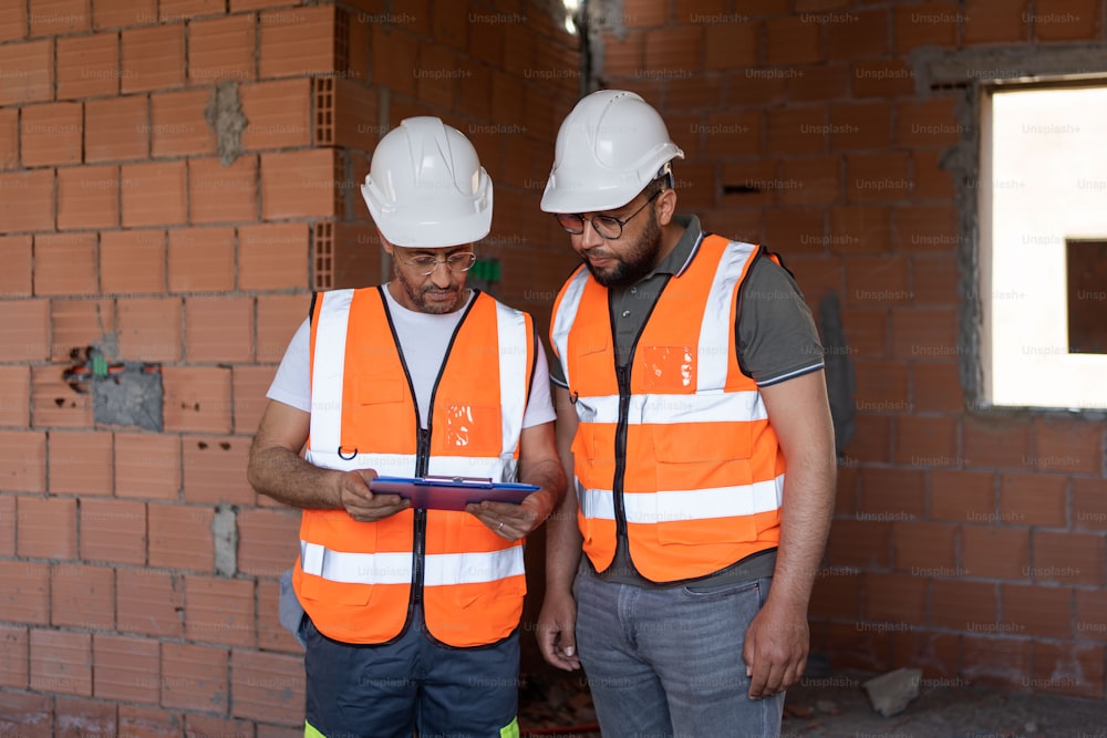 two men in orange vests standing next to each other