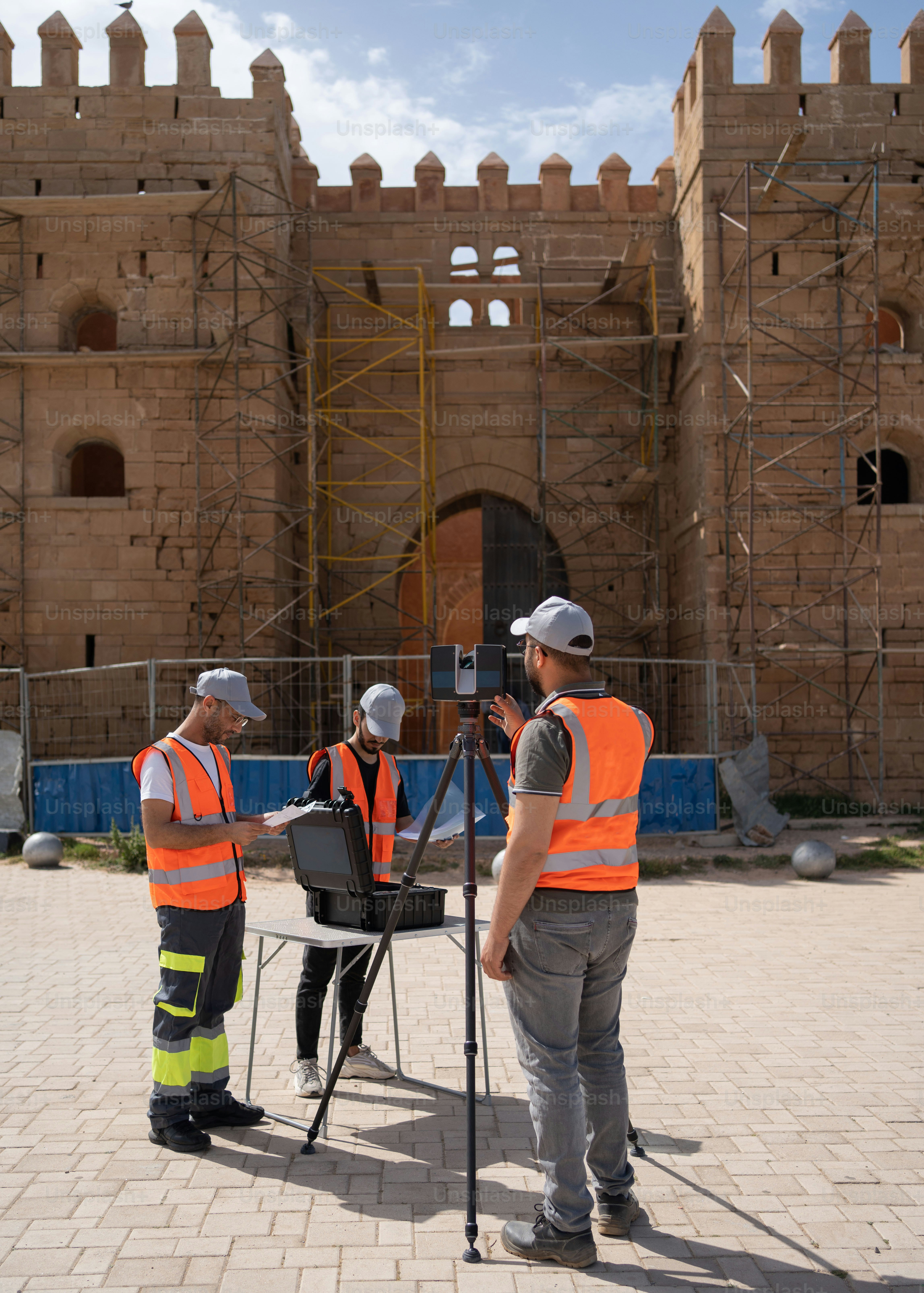Eine Gruppe von Männern, die nebeneinander vor einem Gebäude stehen