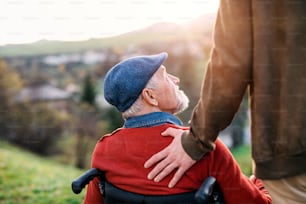 Ein älterer Vater mit Rollstuhl und sein Sohn auf einem Spaziergang in der Natur, im Gespräch.