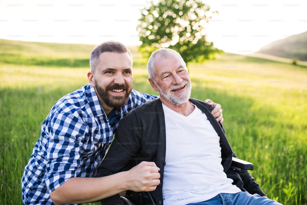 An adult hipster son with his senior father in wheelchair on a walk on a meadow in nature at sunset, laughing.