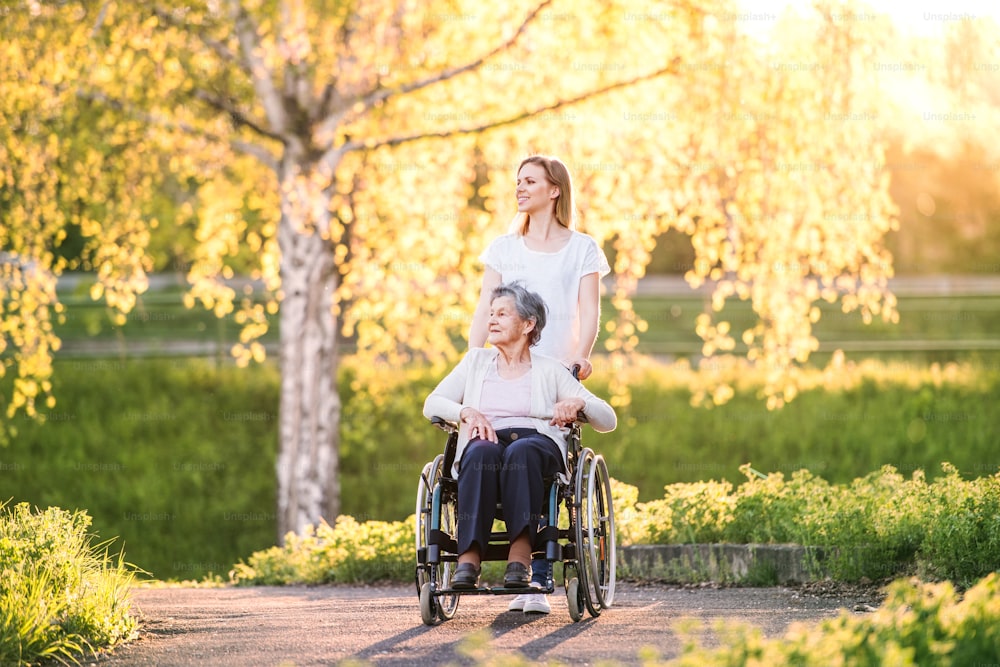 Ältere Großmutter im Rollstuhl mit einer erwachsenen Enkelin draußen in der Frühlingsnatur.