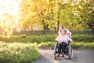 Avó idosa em cadeira de rodas com uma neta adulta fora na natureza da primavera.