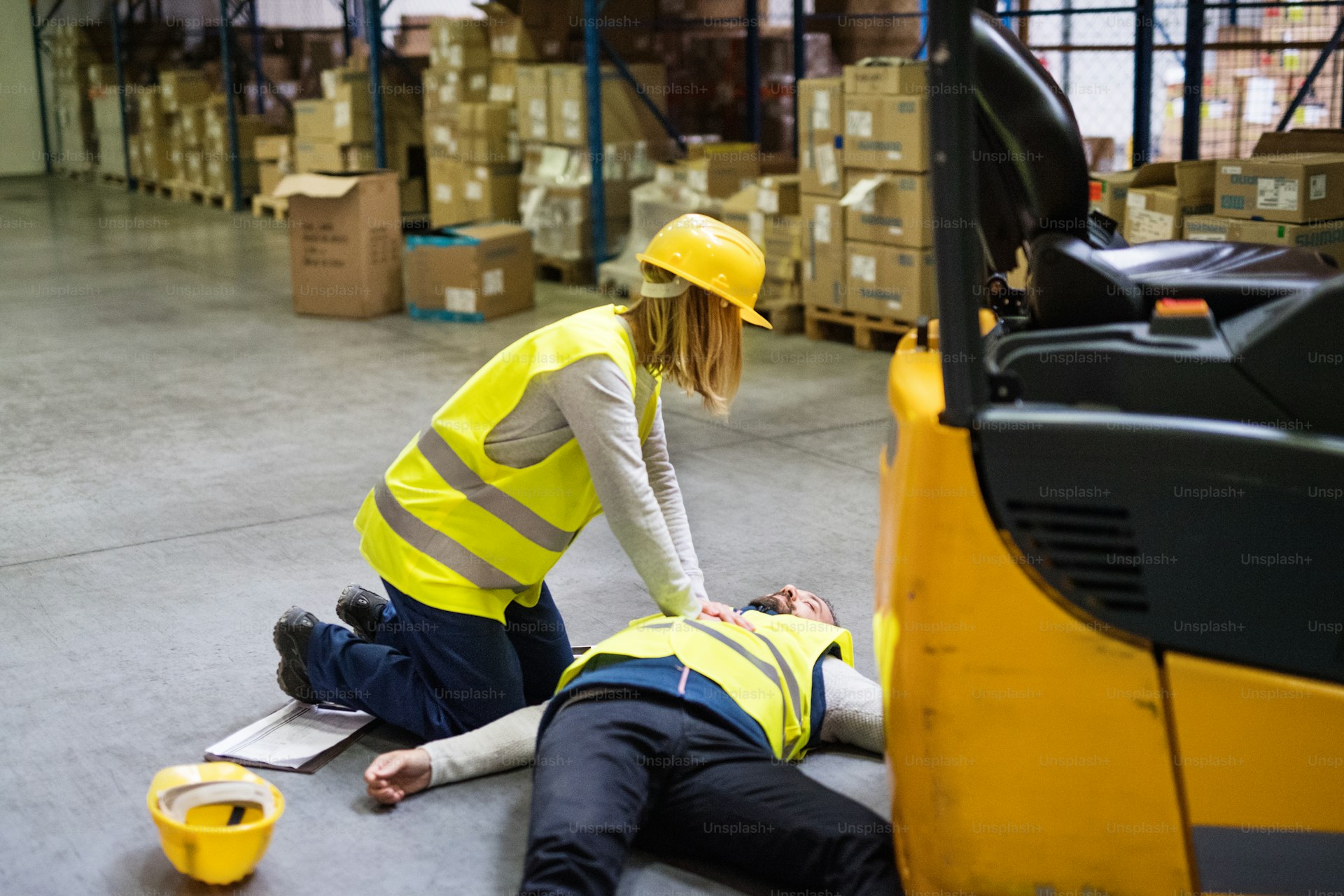 Warehouse worker administering CPR during an emergency response drill