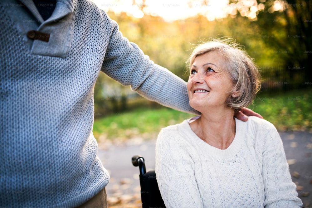 Seniorenpaar in der Herbstnatur. Mann und Frau im Rollstuhl auf einem Spaziergang.