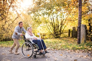 Senior man and elderly woman in wheelchair in autumn nature. Man with his mother on a walk.
