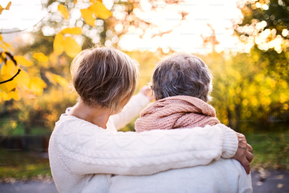 Senior women on a walk in autumn nature. An elderly woman with her senior daughter spending time together outside. Rear view.