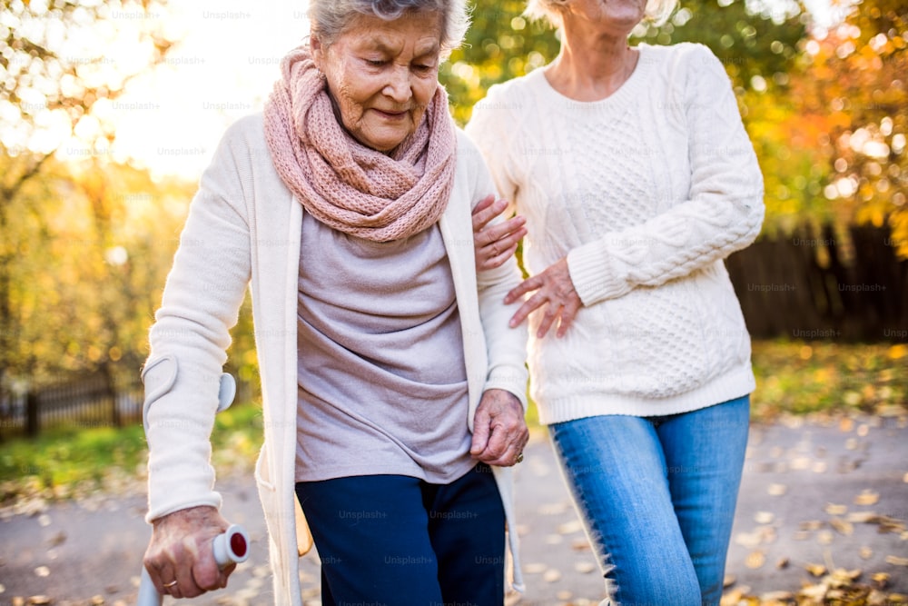 Senior women on a walk in autumn nature. An elderly woman with crutch and her unrecognizable senior daughter walking outside.