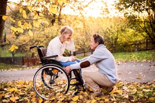 Senior couple in autumn nature. Man and woman in a wheelchair on a walk, talking.