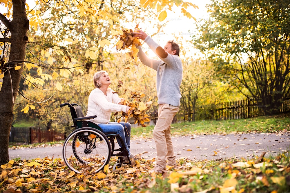 Senior couple in autumn nature. Man and woman in a wheelchair on a walk.