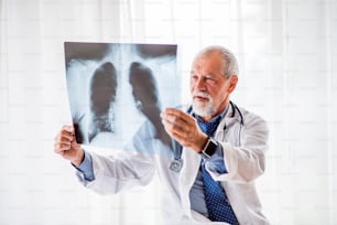 Senior doctor looking at chest x-ray in his office. Male doctor with smartwatch examining an x-ray.