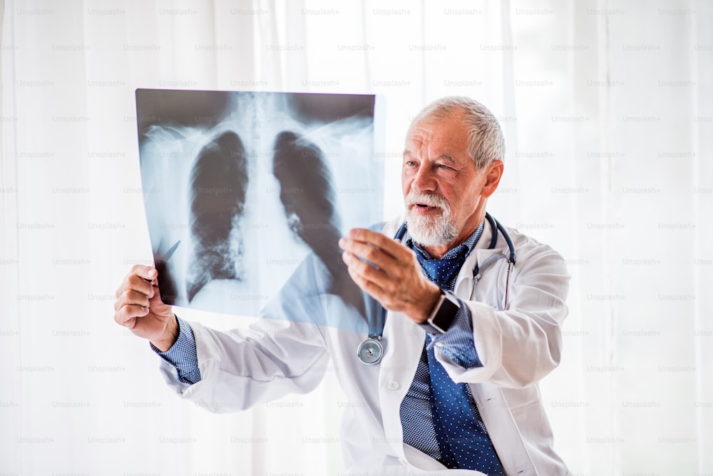 Médecin principal regardant la radiographie pulmonaire dans son bureau. Médecin masculin avec montre intelligente examinant une radiographie.