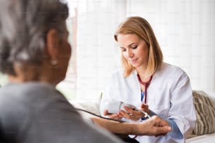 Visitante de saúde e uma mulher idosa durante a visita domiciliar. Uma enfermeira verificando a pressão arterial de uma mulher.