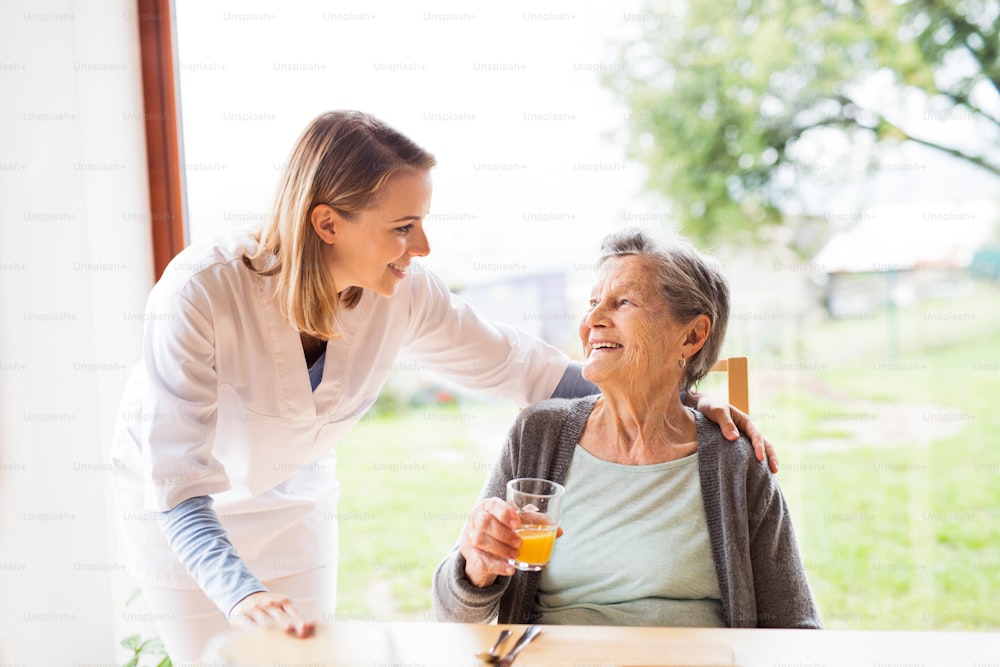 Visitador de salud y una mujer mayor durante la visita domiciliaria. Una enfermera hablando con una anciana.