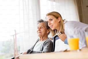 Visiteur de santé et une femme âgée lors d’une visite à domicile. Une infirmière parle à une femme âgée en fauteuil roulant.