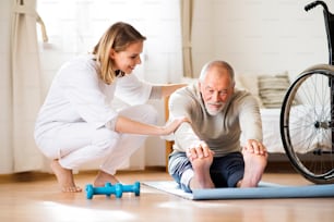 Visitador de salud y un hombre mayor durante la visita domiciliaria. Una enfermera o un fisioterapeuta que ayuda a un hombre mayor a hacer ejercicio.
