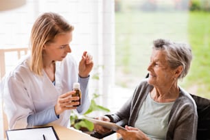 건강 방문자와 가정 방문 중 태블릿을 사용하는 노인 여성. 간호사가 노인 여성과 이야기하고 있습니다.