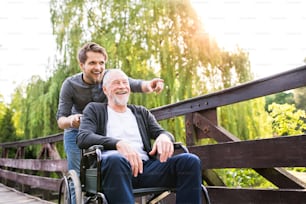 Junger Hipster-Sohn, der mit einem behinderten Vater im Rollstuhl auf einer Holzbrücke im Park spazieren geht und mit dem Finger auf etwas zeigt. Betreuer, der einen behinderten älteren Mann unterstützt.