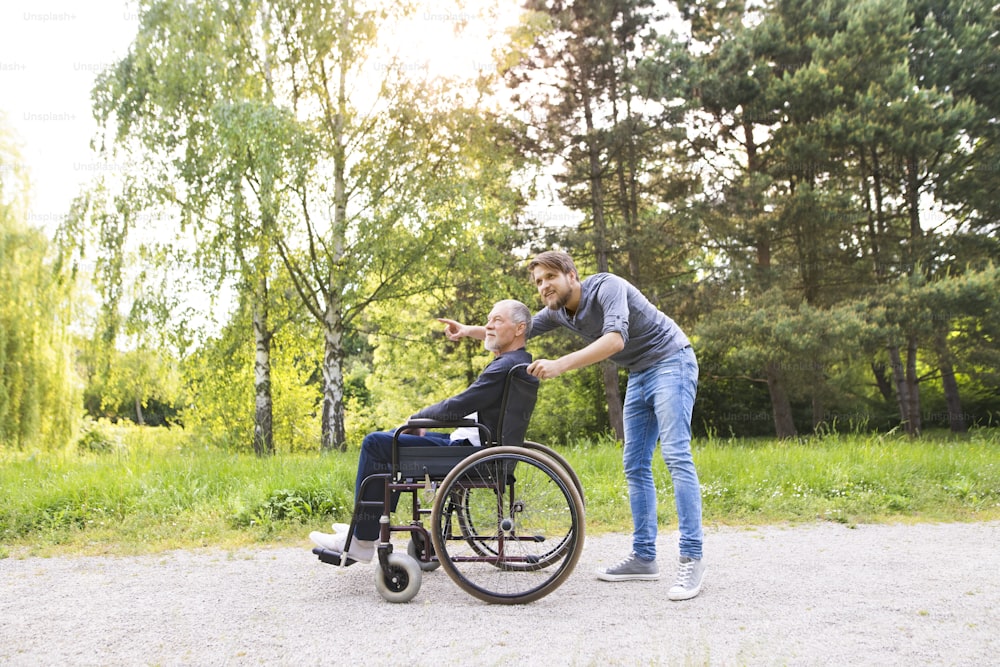 Giovane figlio hipster che cammina con il padre disabile in sedia a rotelle al parco, puntando il dito contro qualcosa. Assistente che assiste l'anziano disabile.