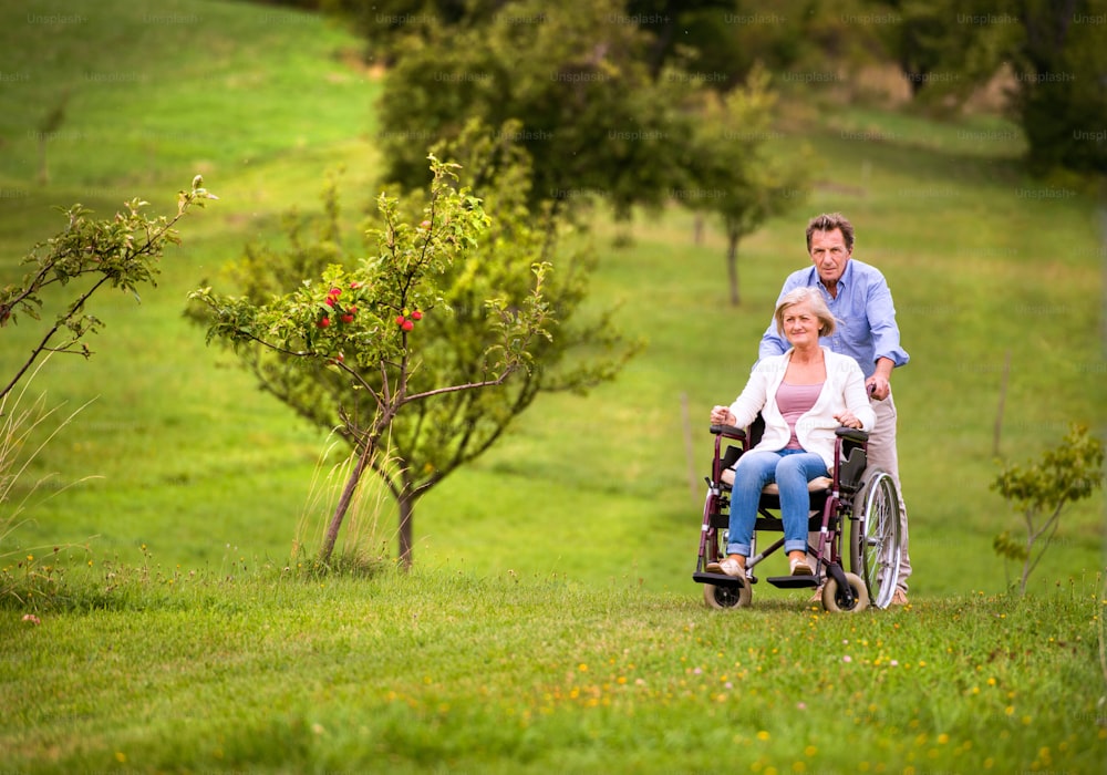 Uomo anziano che spinge la donna che si siede in sedia a rotelle oustide nella natura verde dell'autunno