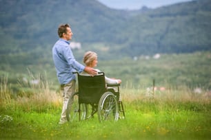 Älterer Mann mit Frau sitzt im Rollstuhl in grüner Herbstnatur, Rückansicht