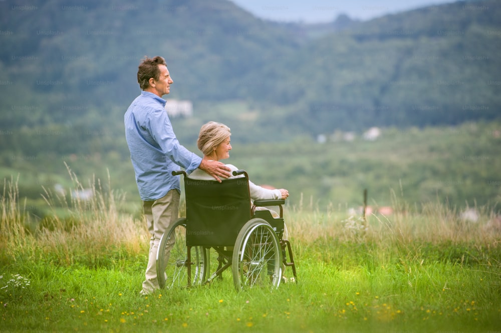 Uomo anziano con la donna che si siede in sedia a rotelle oustide nella natura verde dell'autunno, vista posteriore