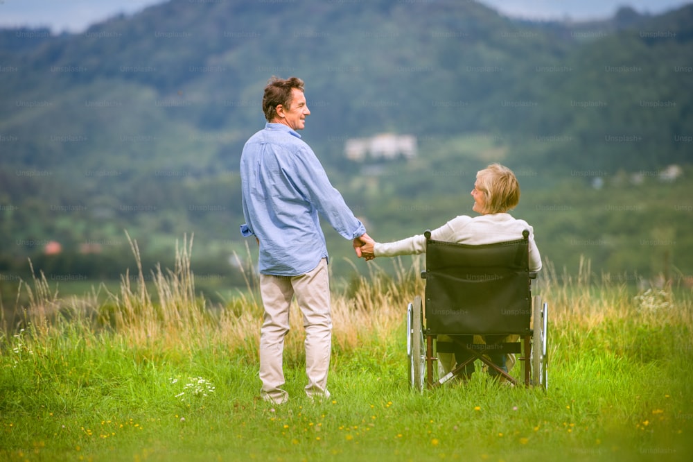 Senior man with woman sitting in wheelchair, holding hands, oustide in green autumn nature, rear view