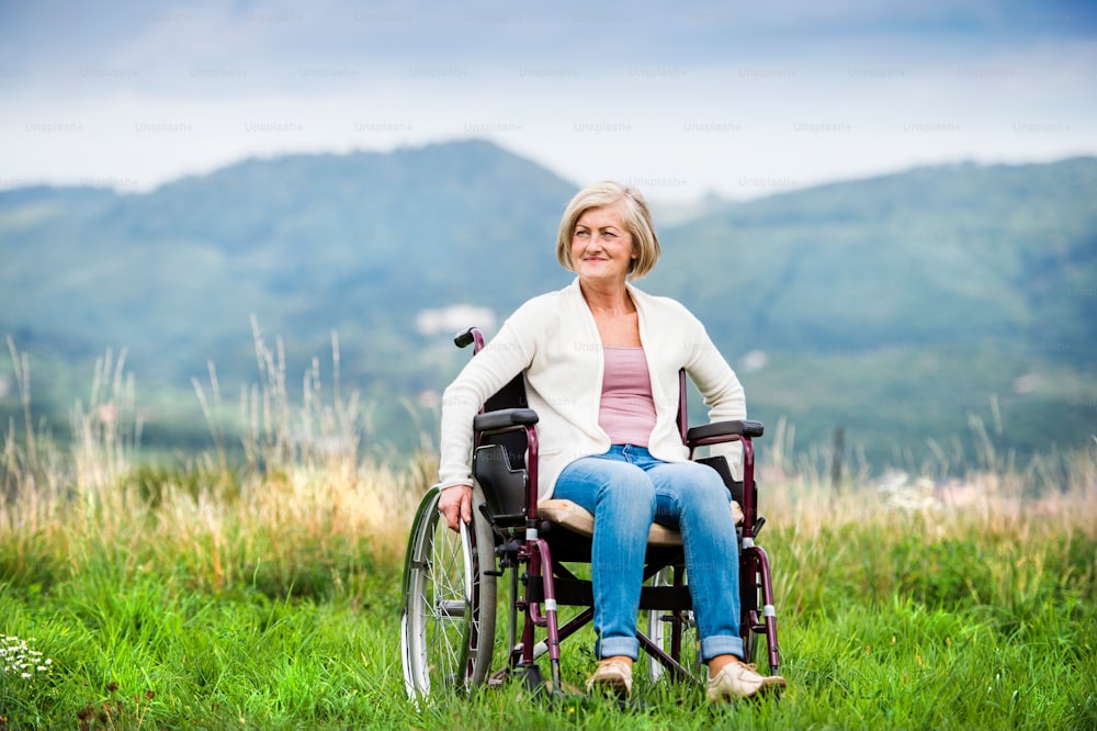 Donna anziana in sedia a rotelle fuori in natura