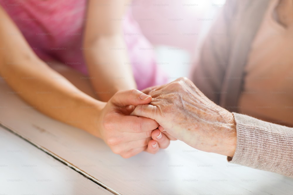 Unrecognizable grandmother and her granddaughter holding hands.