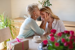 Una madre anziana felice che prende il caffè con la figlia adulta in casa a casa, baciandola sulla fronte.