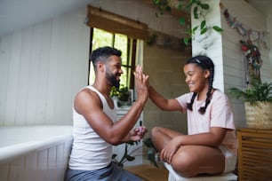 Portrait of happy young man with small sister indoors at home, giving high five.