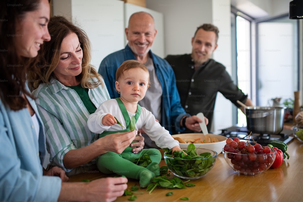 Happy multigeneration family indoors at home preparing vegetable salad in kitchen.