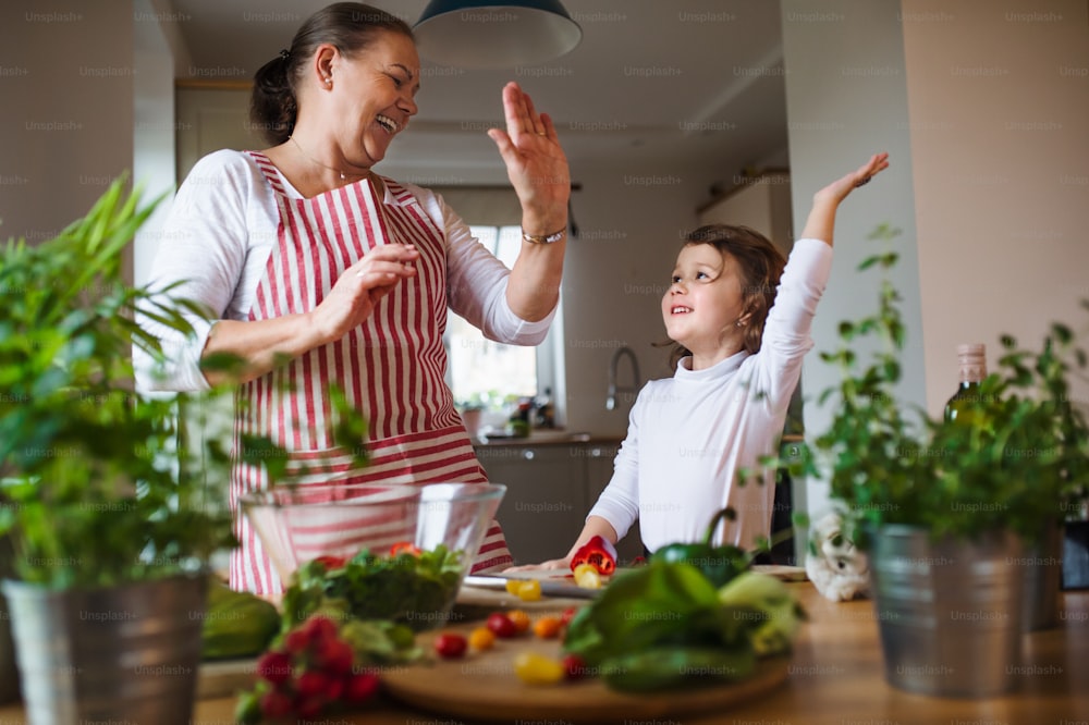 Small girl with senior grandmother in kitchen indoors at home, giving high five when cooking.