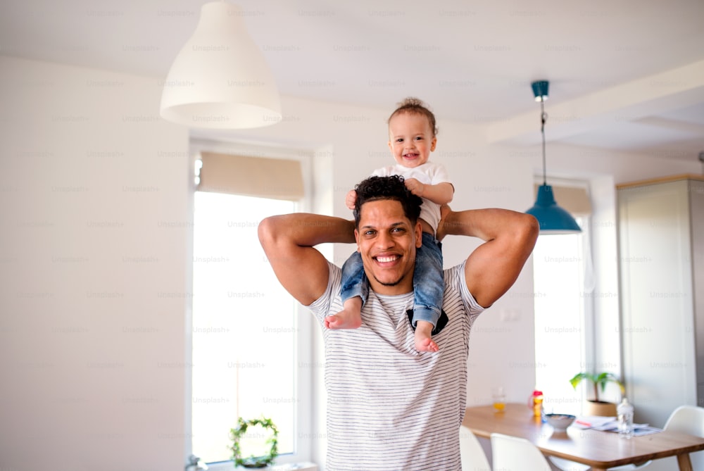 Cheeful father and small toddler son indoors at home, playing.