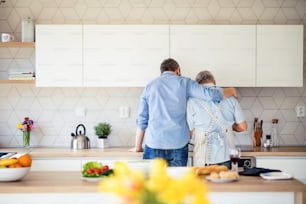 Une vue arrière du fils adulte et du père âgé à l’intérieur dans la cuisine à la maison, en train de cuisiner.