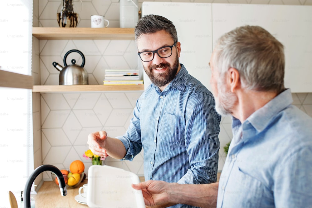 Ein erwachsener Hipster-Sohn und älterer Vater drinnen in der Küche zu Hause, Geschirr spülen.