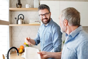 Un fils hipster adulte et un père âgé à l’intérieur dans la cuisine à la maison, faisant la vaisselle.