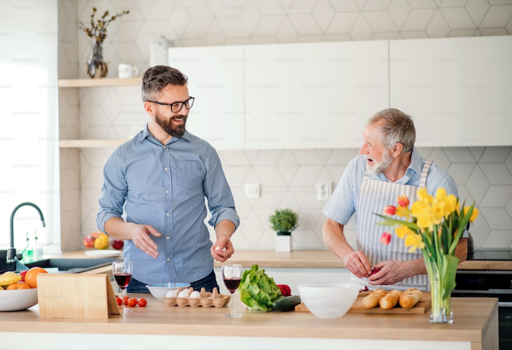 Un figlio hipster adulto e un padre anziano in casa nella cucina di casa, cucinando.