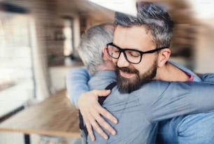 Ein erwachsener Hipster-Sohn mit Brille und älterem Vater drinnen zu Hause, umarmt.