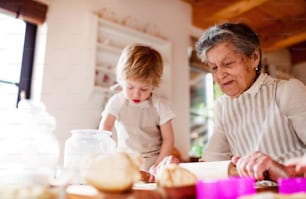 Feliz bisabuela mayor con un niño pequeño haciendo pasteles en casa.