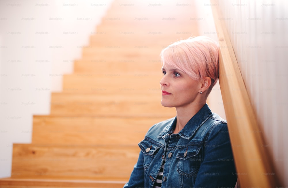 A young attractive woman sitting at the bottom of the stairs at home. Copy space.