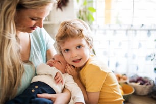 A beautiful young mother with a newborn baby and his toddler brother at home.