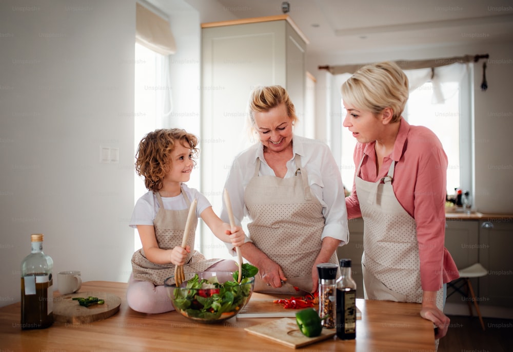 집에서 어머니와 할머니와 함께 야채 샐러드를 준비하는 어린 소녀의 초상화.
