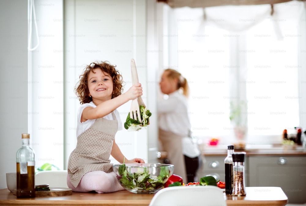 A portrait of small girl with grandmother in a kitchen at home, preparing vegetable salad.