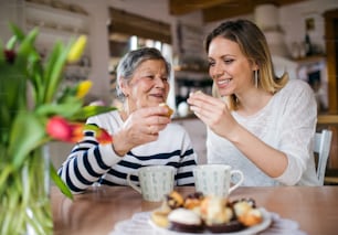 Portrait of an elderly grandmother with an adult granddaughter at home. Women sitting at the table, eating cakes and drinking coffee.